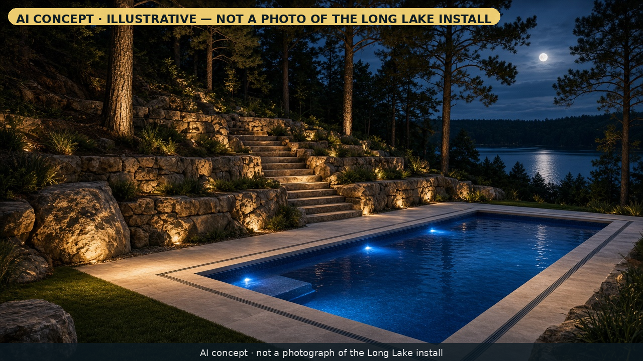 AI concept visualization of a fiberglass plunge pool at night with limestone terraces and lake beyond — not a photo of the Long Lake job