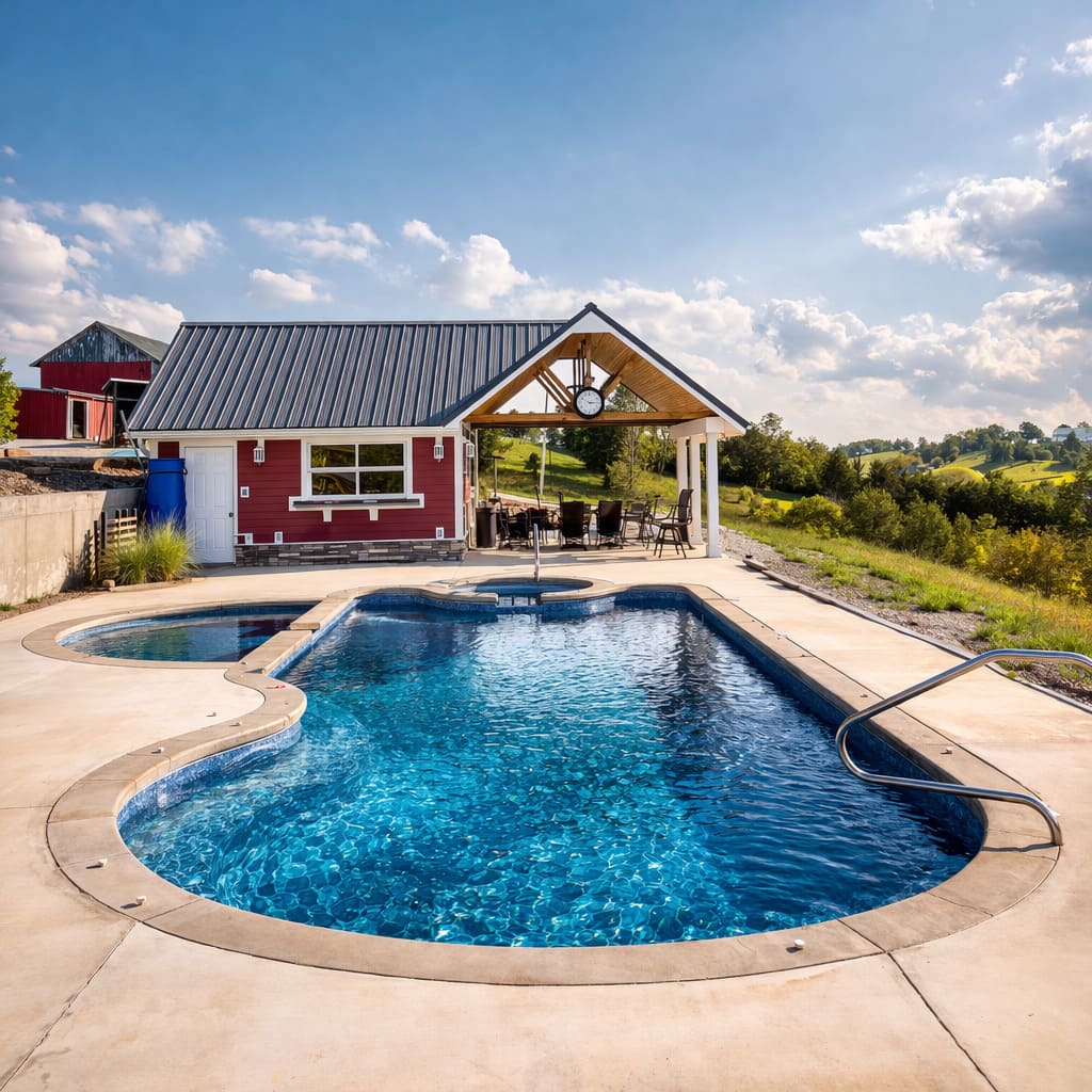 Freeform pool with red cabana overlooking hillside and valley