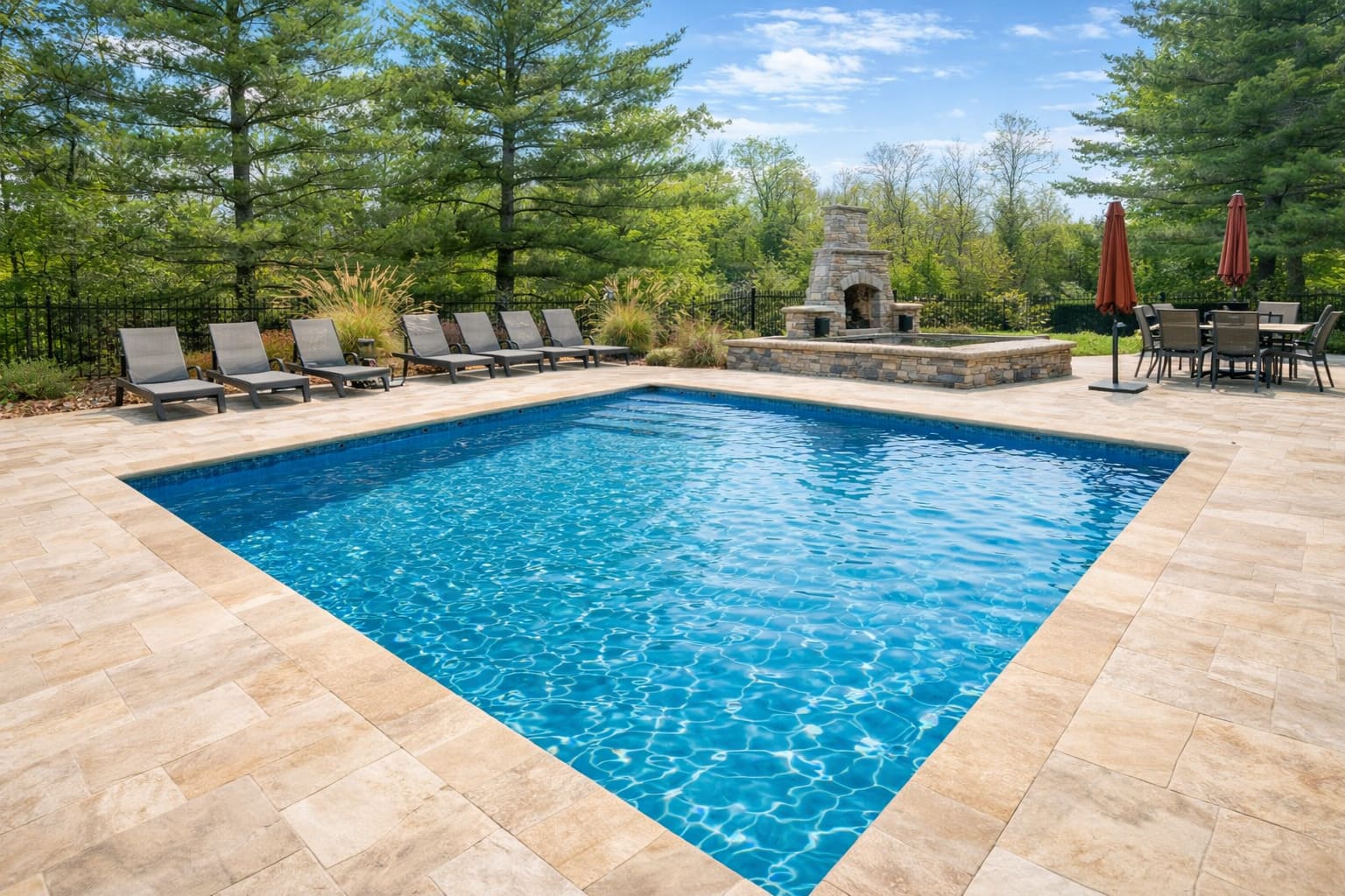 Rectangular pool with travertine and stone fireplace against woods