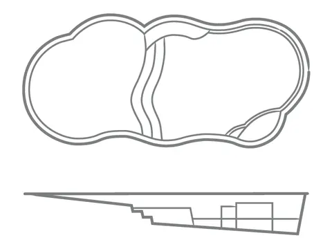Thursday Sandal Beach Entry 16′ × 34.5′ fiberglass pool — official manufacturer image