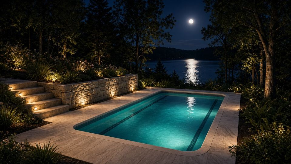 Moonlit compact fiberglass pool with lanterns and stone, north-woods lake behind