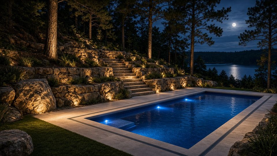 Night hardscape study of a compact plunge pool with limestone terraces and lighting
