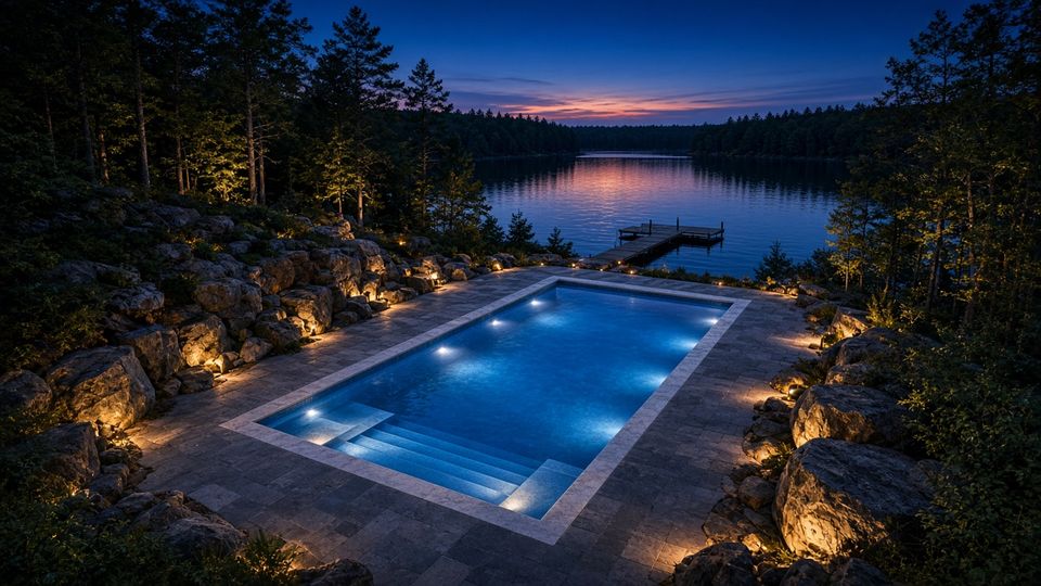 Aerial twilight view of a Latham Milan plunge pool with pool lights and boulder terraces