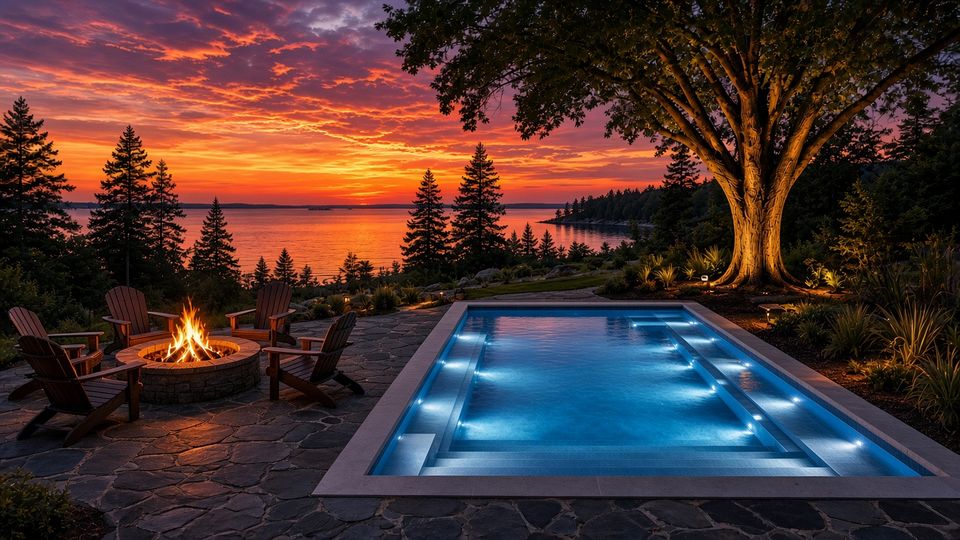Lit Latham Milan fiberglass pool at sunset on a north-woods lake lot with fire pit